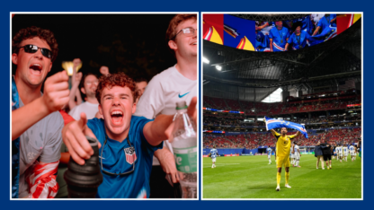 On the left are a group of soccer fans and on the right is an ongoing soccer game.
