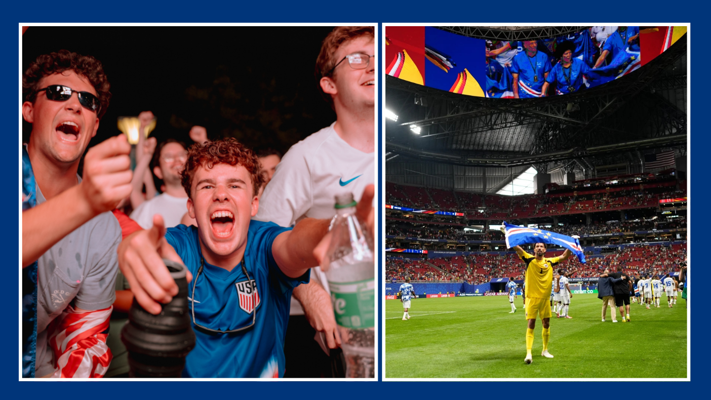 On the left are a group of soccer fans and on the right is an ongoing soccer game.