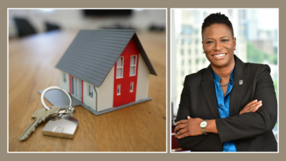 On the left is a mini house with a key. On the right is a portrait of a person wearing a black blazer and blue shirt.