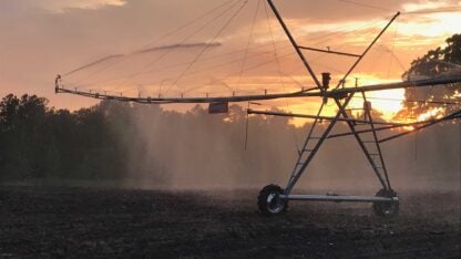 An irrigation system is shown on farmland in Georgia