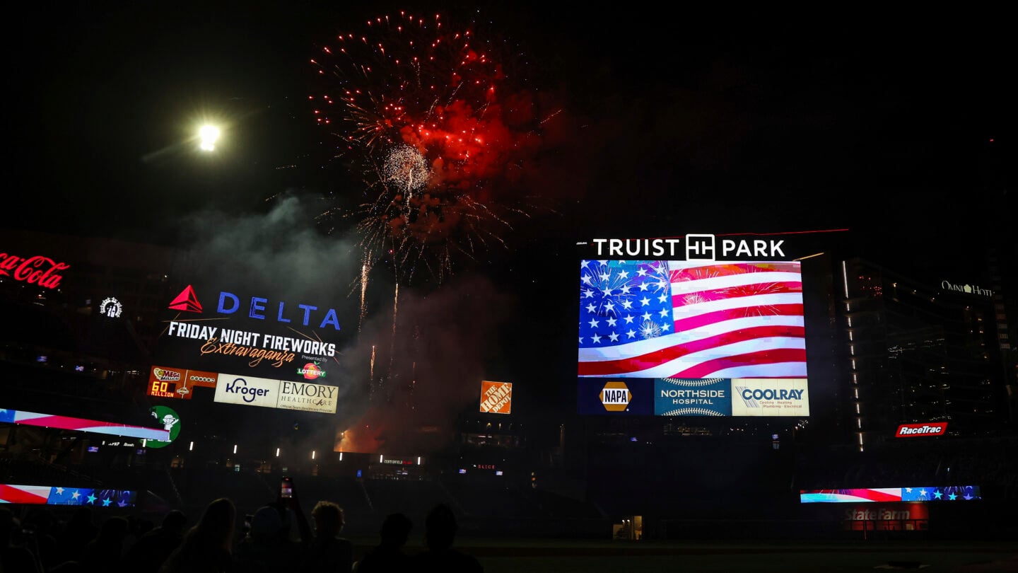 A fireworks display at Truist Park at night