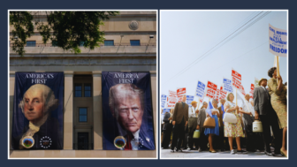 On the left is the outside of a large building with banners showing George Washington and Donald Trump, and on the right is a group of protesters holding signs