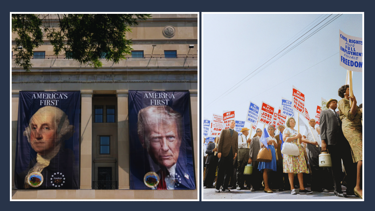 On the left is the outside of a large building with banners showing George Washington and Donald Trump, and on the right is a group of protesters holding signs
