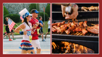 On the left is a group of people running in America themed gear, and on the right is a large grill with meat on top
