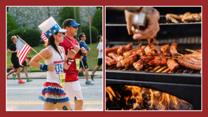 On the left is a group of people running in America themed gear, and on the right is a large grill with meat on top