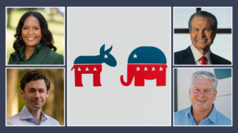 The portraits of Keisha Lance Bottoms, Jon Ossoff, Rick Jackson and Mike Collins, with the Democratic and Republican signs in the middle.