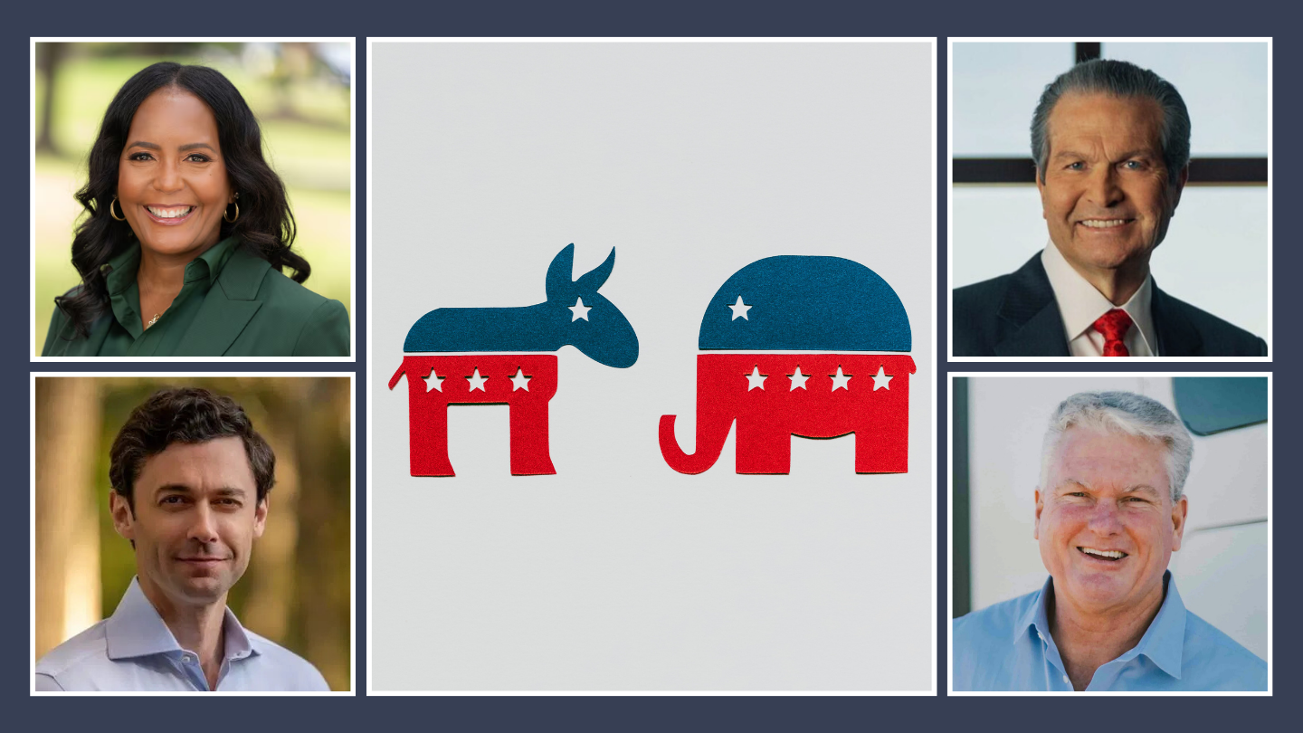 The portraits of Keisha Lance Bottoms, Jon Ossoff, Rick Jackson and Mike Collins, with the Democratic and Republican signs in the middle.