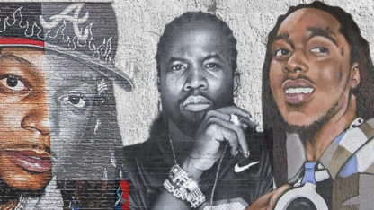 Painted murals of Atlanta hip-hop artists in a composite promotional graphic for the How HipHop Made Atlanta lecture series at MODA