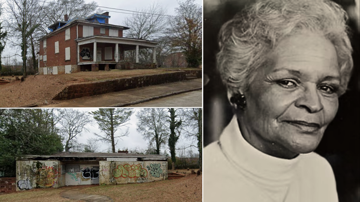 On the left are images of the homes of Grace Towns Hamilton and her father, and on the right is a portrait of Towns Hamilton.